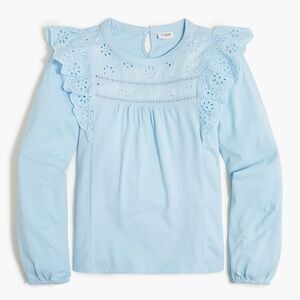 J Crew Womens Long Sleeve Eyelet Ruffle Top Size S Cotton Loose Pullover Blue